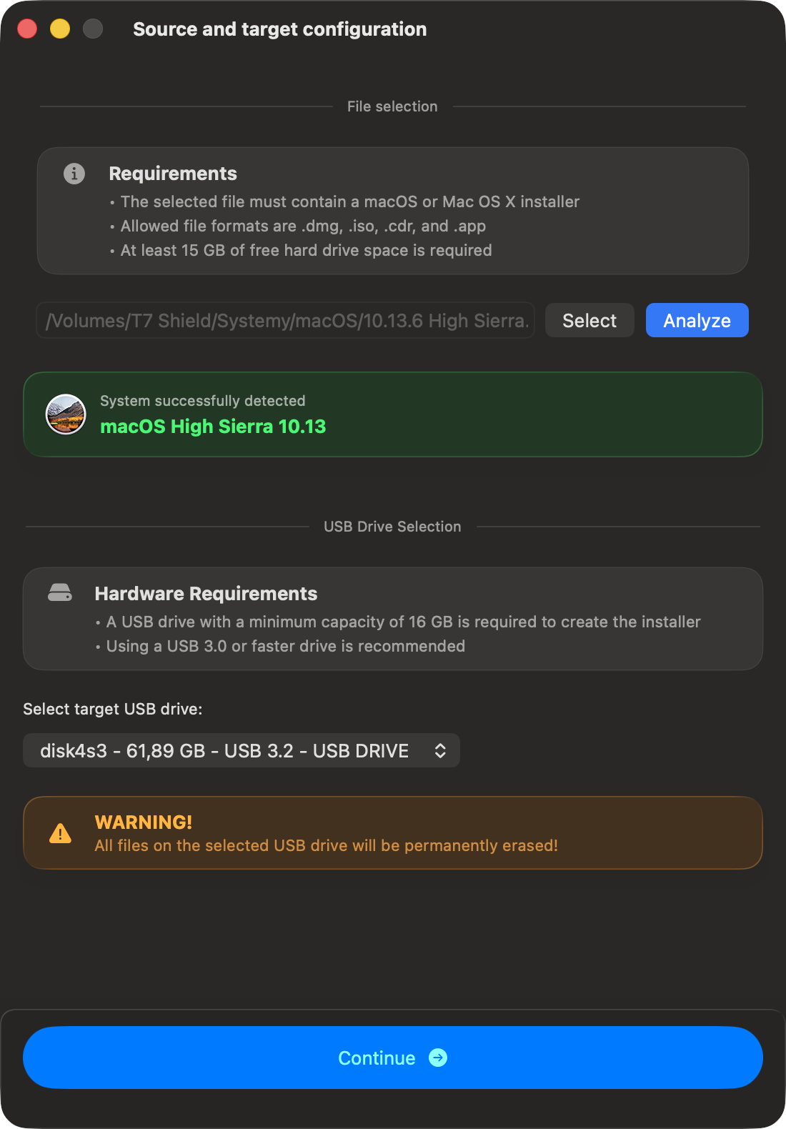 macUSB source and target configuration