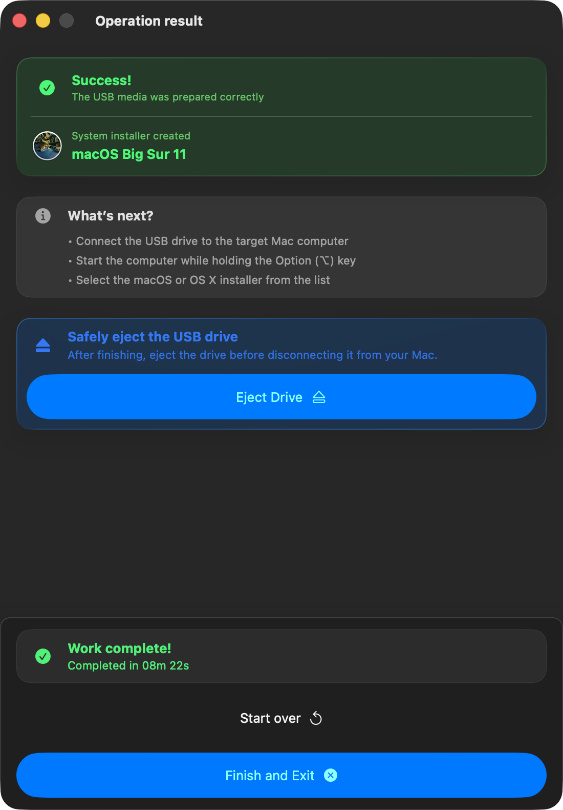 macUSB operation result