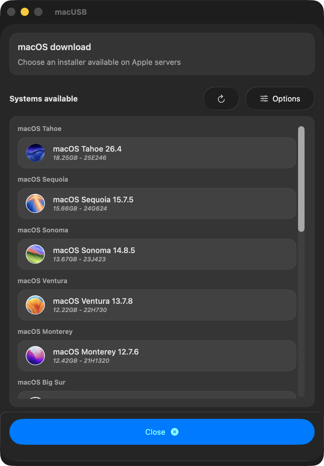 macUSB downloader installer list