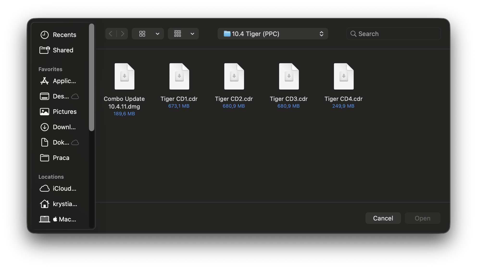 Finder: Tiger installer files (CD1/CD2/CD3/CD4) prepared for macUSB