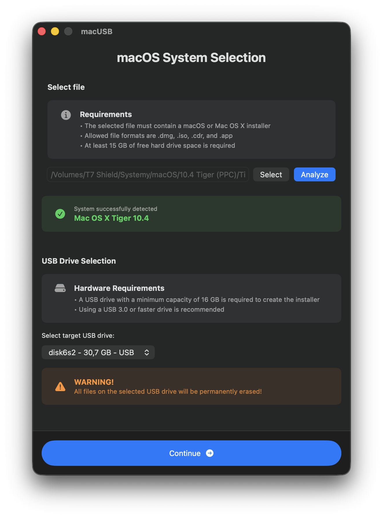 macUSB: Tiger Single-DVD correctly detected