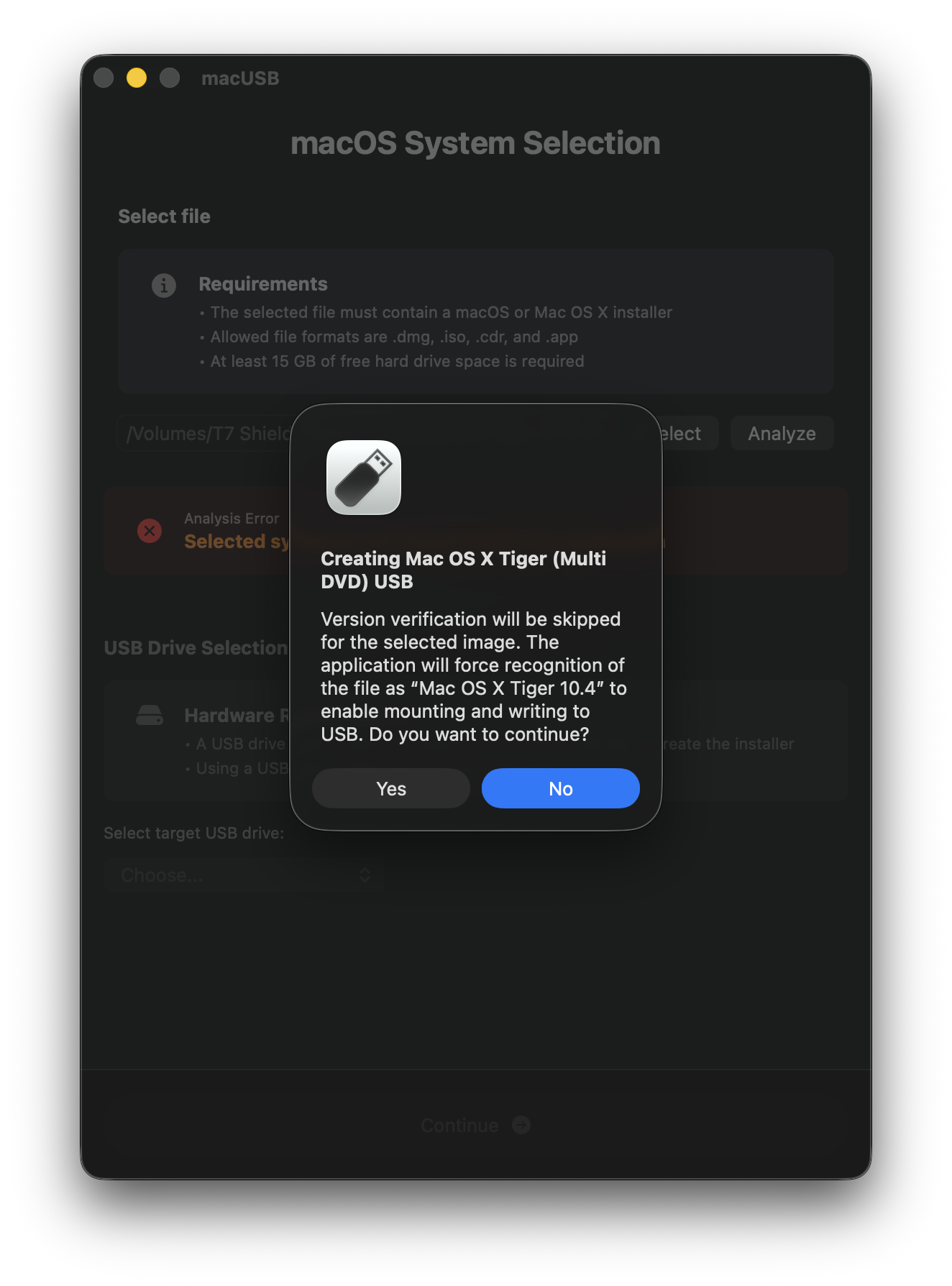 macUSB: Warning — skipping analysis and forcing Tiger detection
