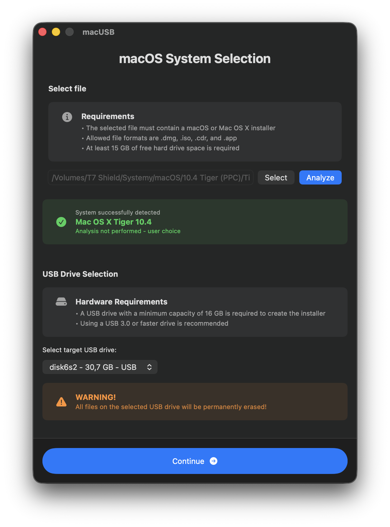 macUSB: Tiger detected (analysis skipped by user choice)