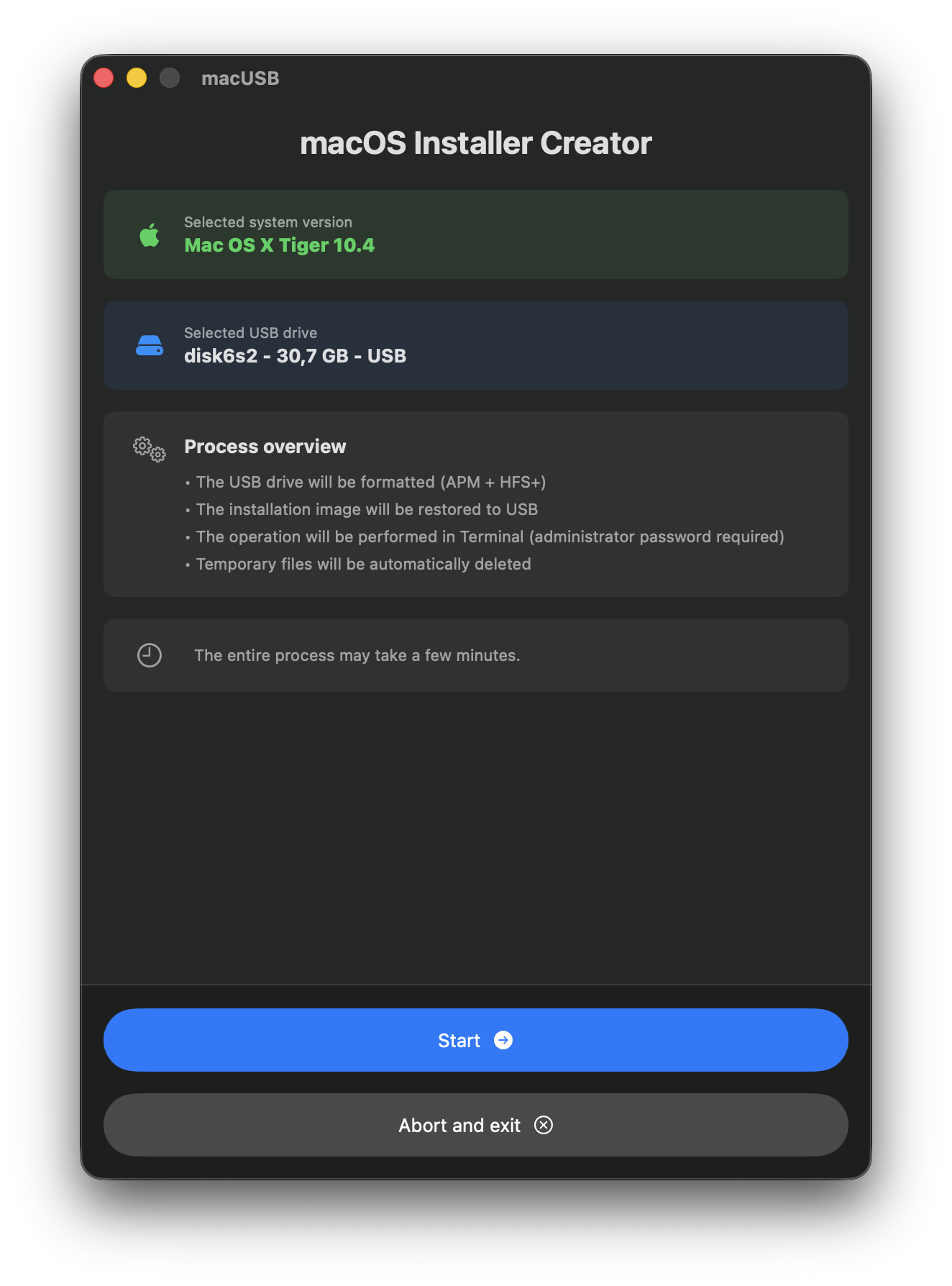 macUSB: Ready to create the USB installer