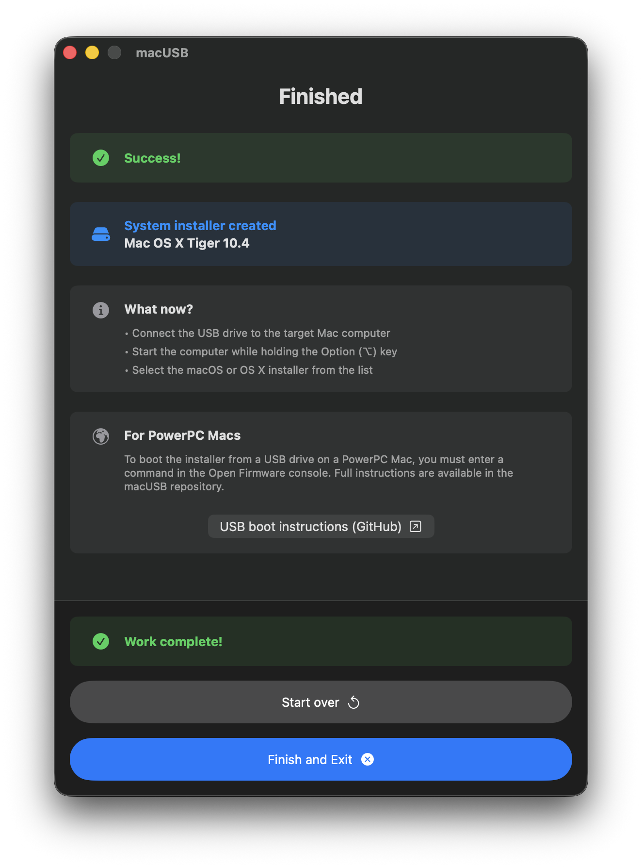 macUSB: Finished screen with a link to PowerPC USB boot instructions