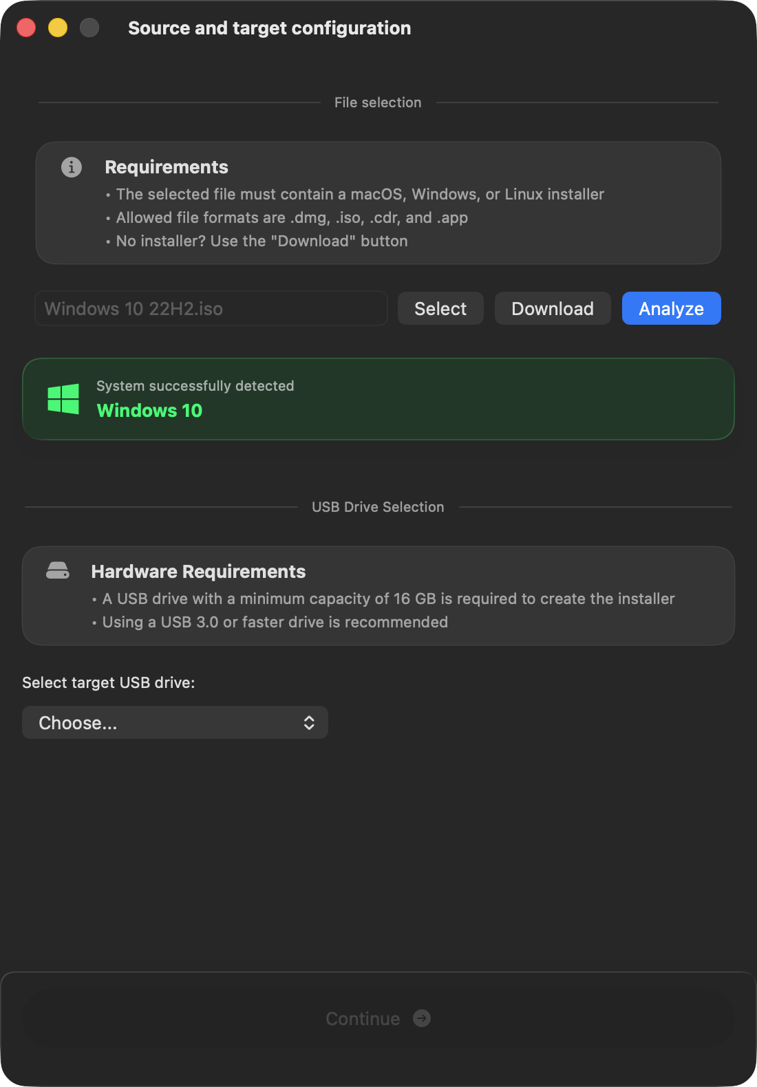 macUSB detection result for Windows 10