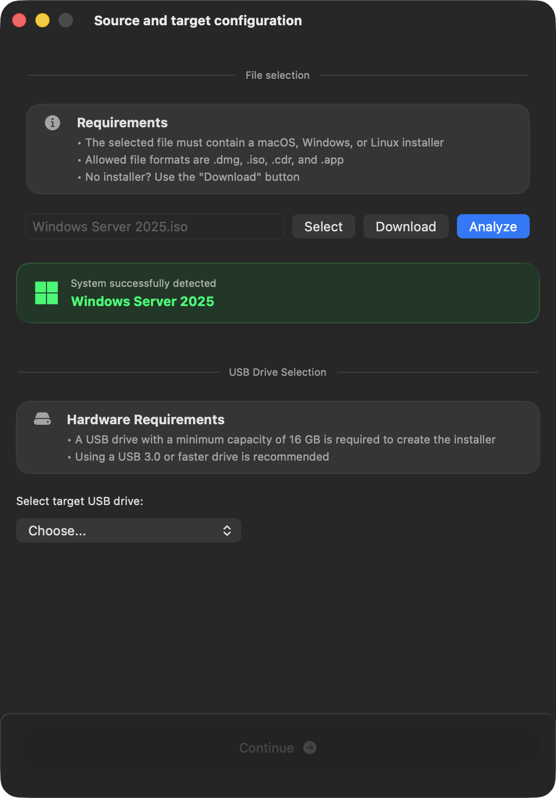 macUSB detection result for Windows Server 2025
