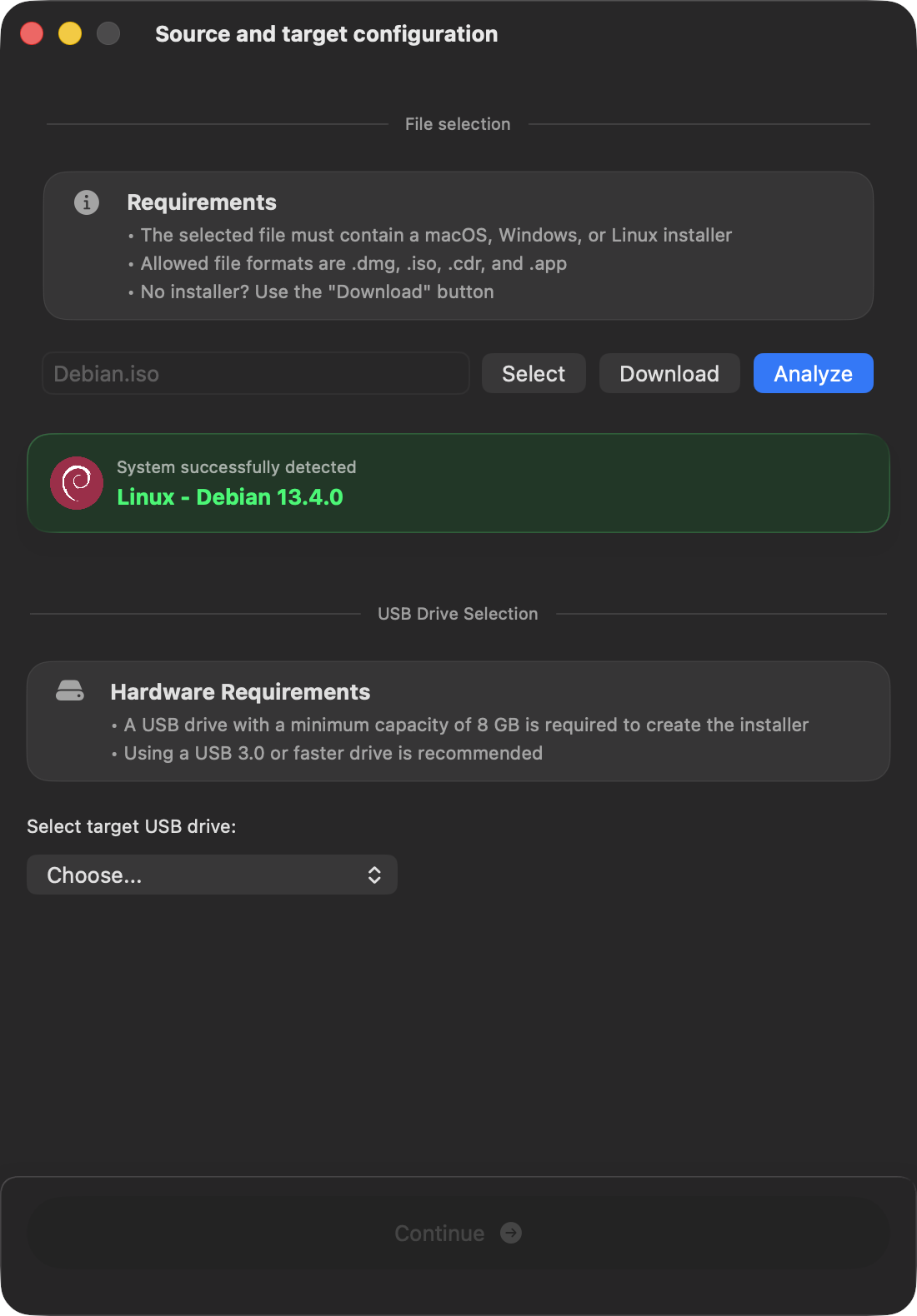 macUSB detection result for Debian