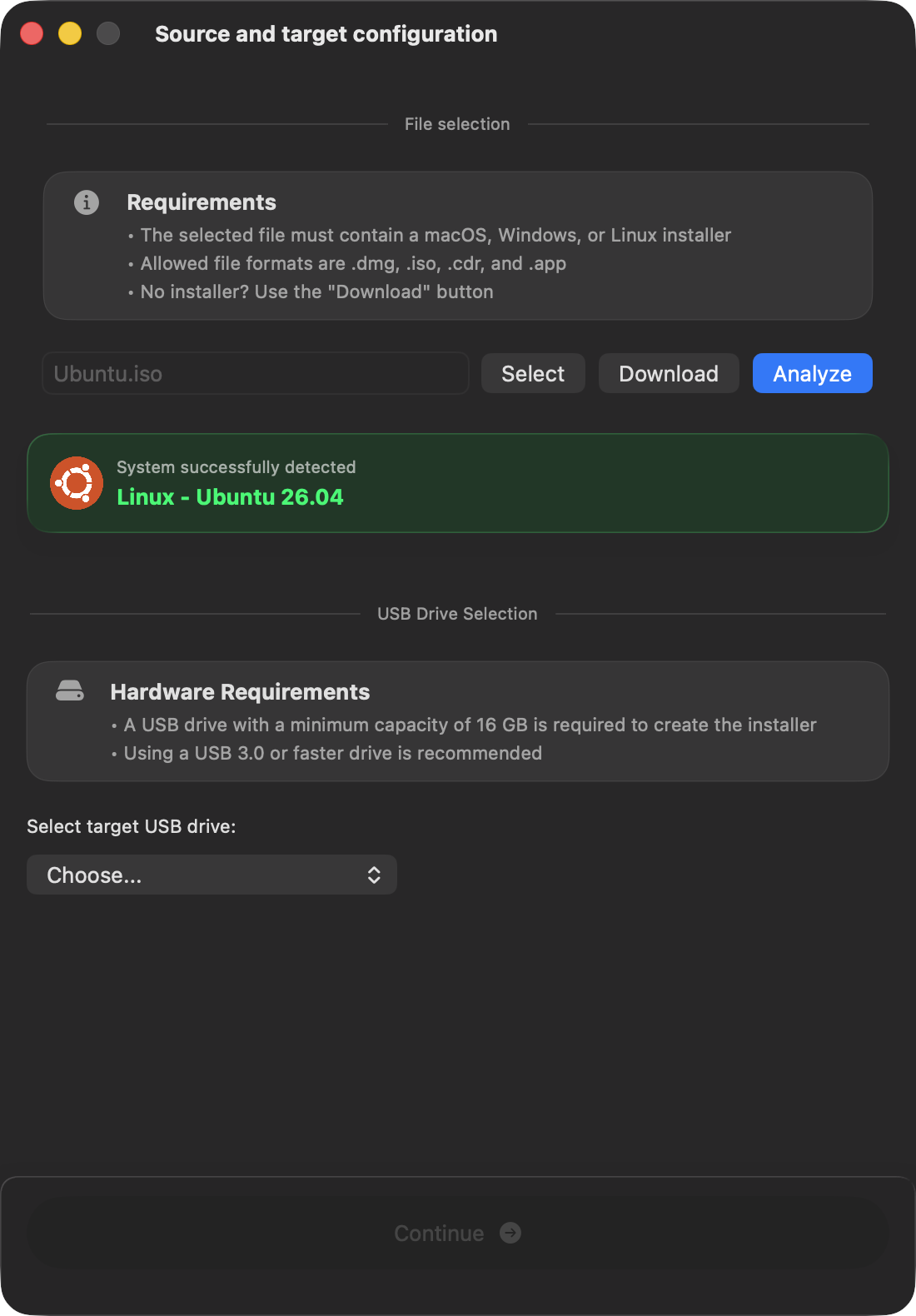 macUSB detection result for Ubuntu