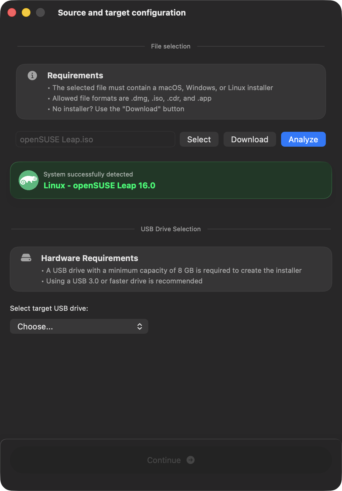 macUSB detection result for openSUSE Leap
