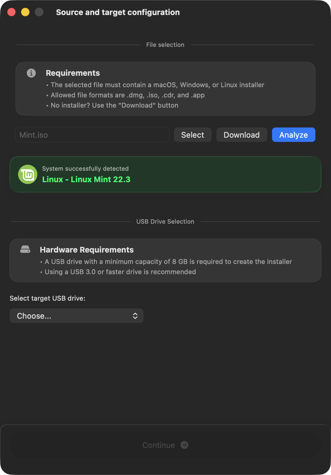 macUSB detection result for Linux Mint